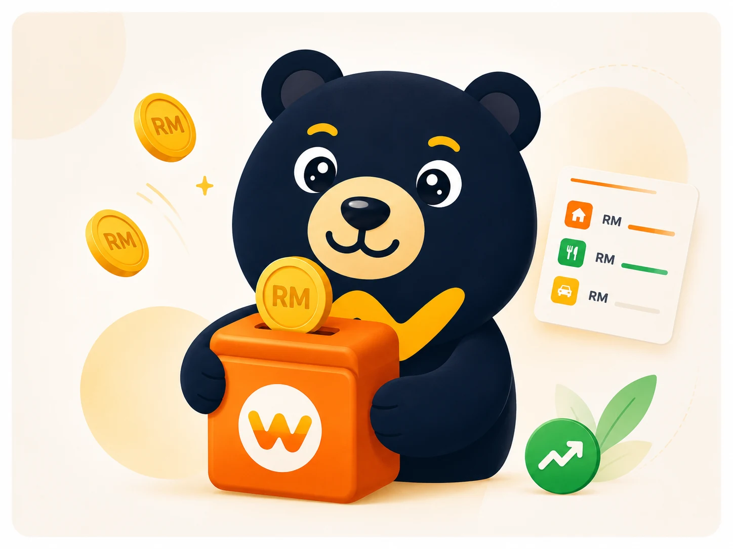 WangBuddy mascot with cash-flow planning, savings and Safe-to-Spend visuals